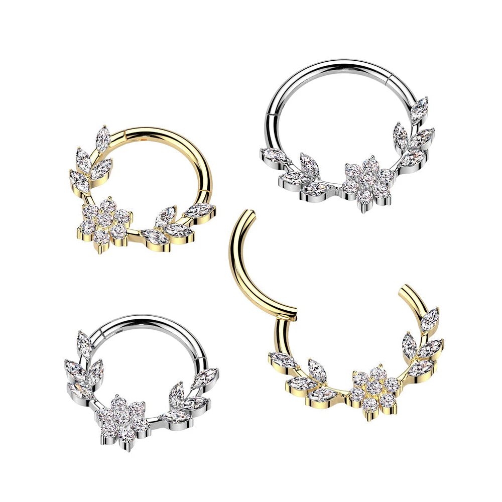 316L Surgical Steel Gold PVD White CZ Dainty Vine Flower Hinged Clicker Hoop