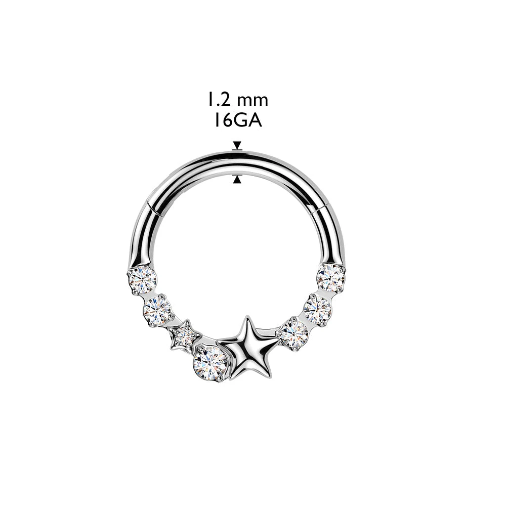 316L Surgical Steel Gold PVD White CZ Dainty Star Hinged Clicker Hoop