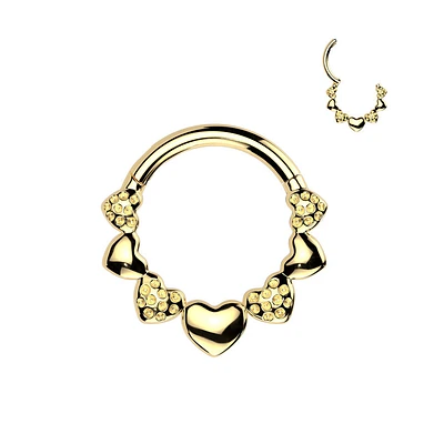 316L Surgical Steel Gold PVD Dainty Heart Textured Design Hinged Clicker Hoop