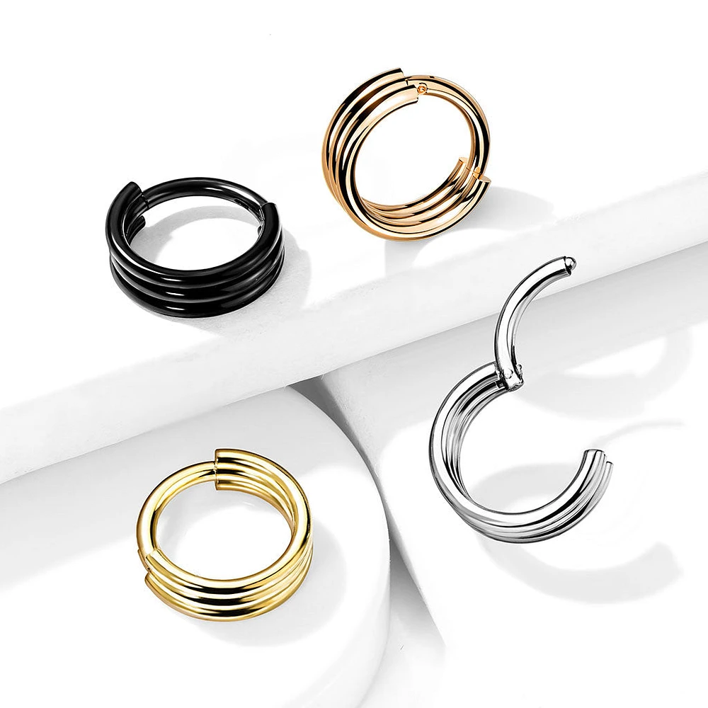 316L Surgical Steel Triple Hoop Thick Cuff Hinged Clicker Hoop