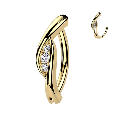 316L Surgical Steel Gold PVD White CZ Twisted Hinged Clicker Belly Ring