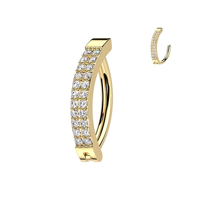 316L Surgical Steel Gold PVD White CZ Double Line Hinged Clicker Belly Ring