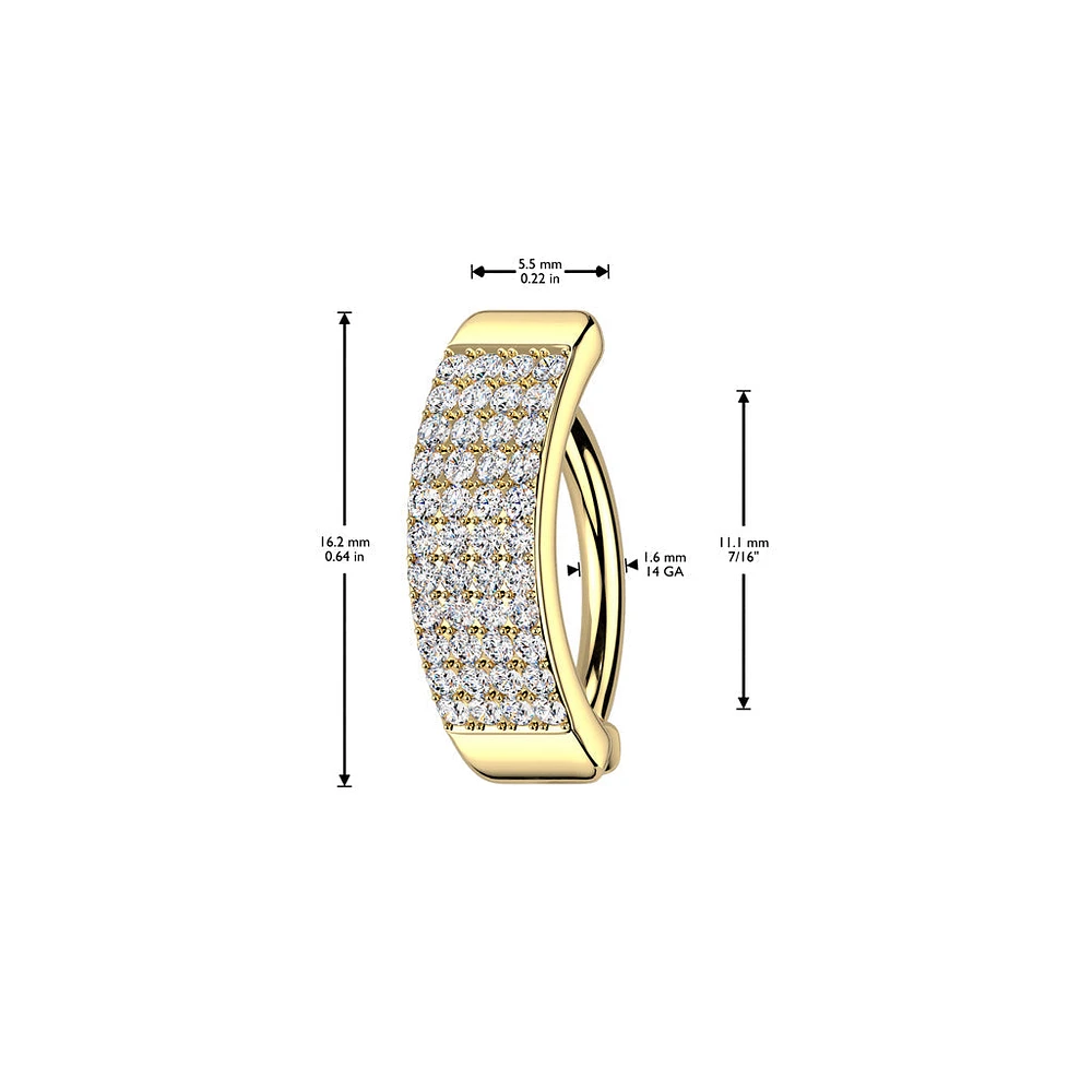 316L Surgical Steel Gold PVD Thick 4 Row White CZ Pave Hinged Clicker Belly Ring