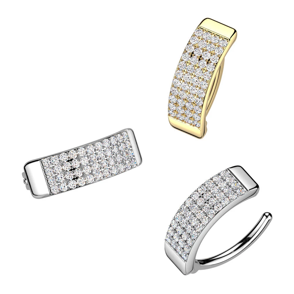 316L Surgical Steel Gold PVD Thick 4 Row White CZ Pave Hinged Clicker Belly Ring