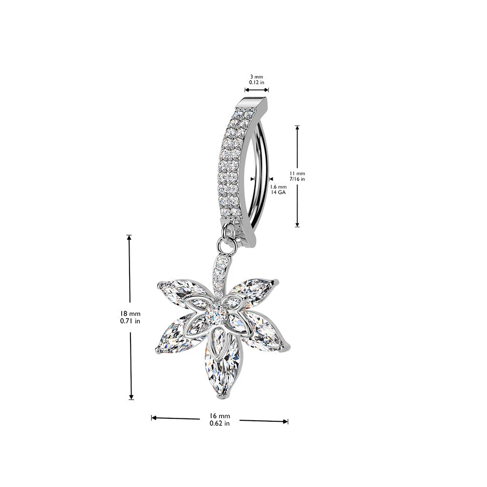 316L Surgical Steel Gold PVD White CZ Pave Leaf Dangle Hinged Clicker Belly Ring