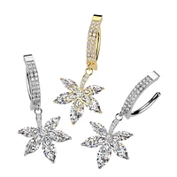 316L Surgical Steel Gold PVD White CZ Pave Leaf Dangle Hinged Clicker Belly Ring