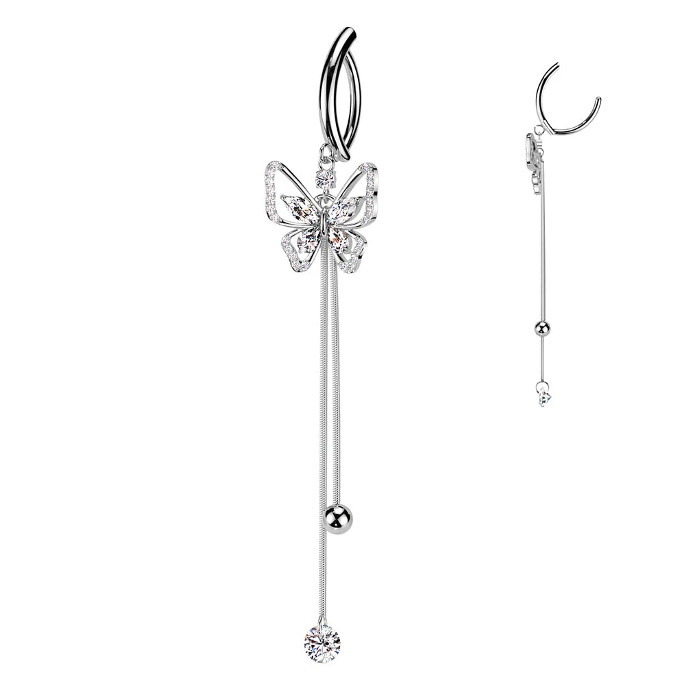 316L Surgical Steel White CZ Butterfly Dangle Hinged Clicker Belly Ring