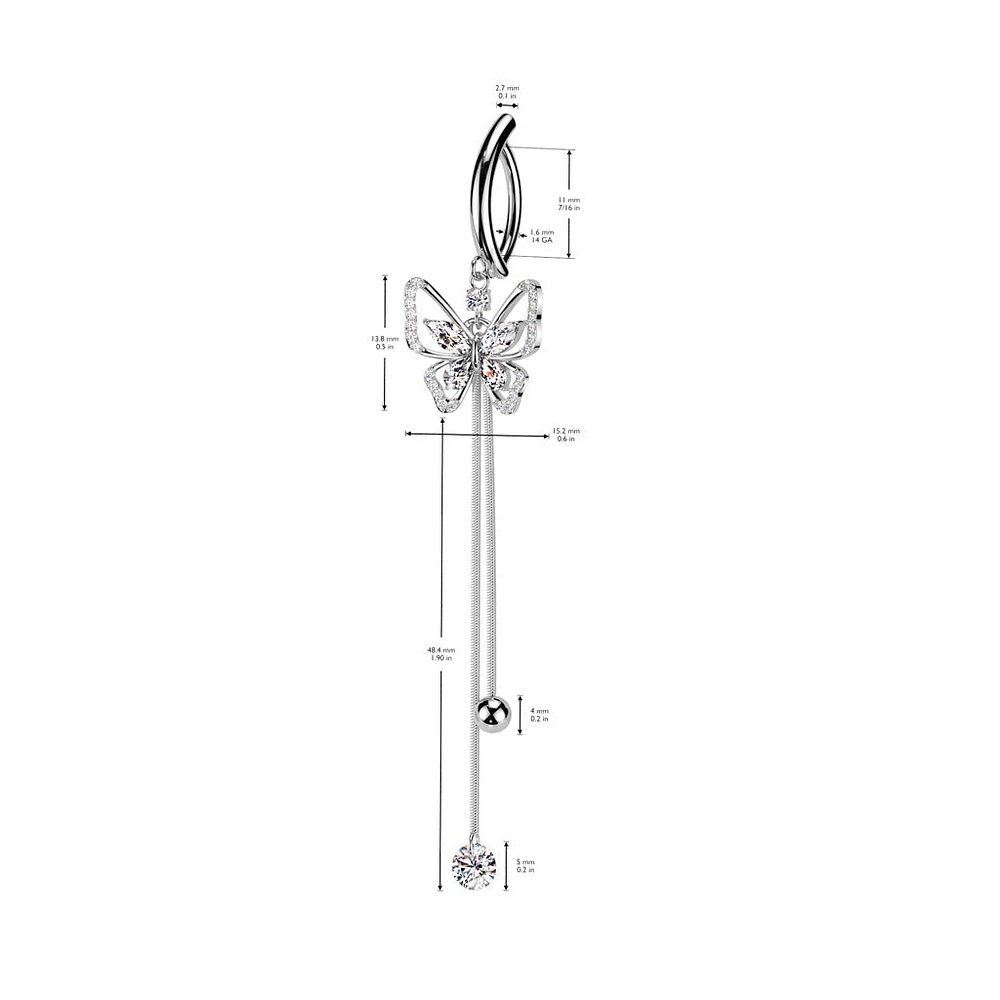316L Surgical Steel White CZ Butterfly Dangle Hinged Clicker Belly Ring