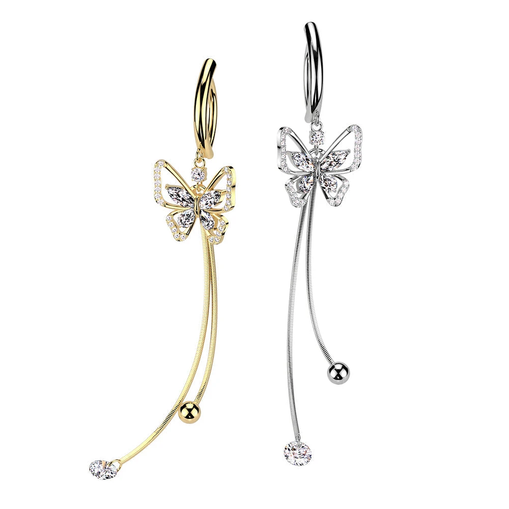 316L Surgical Steel White CZ Butterfly Dangle Hinged Clicker Belly Ring