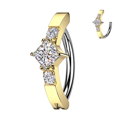 316L Surgical Steel Gold PVD White CZ Square Gem Hinged Clicker Belly Ring