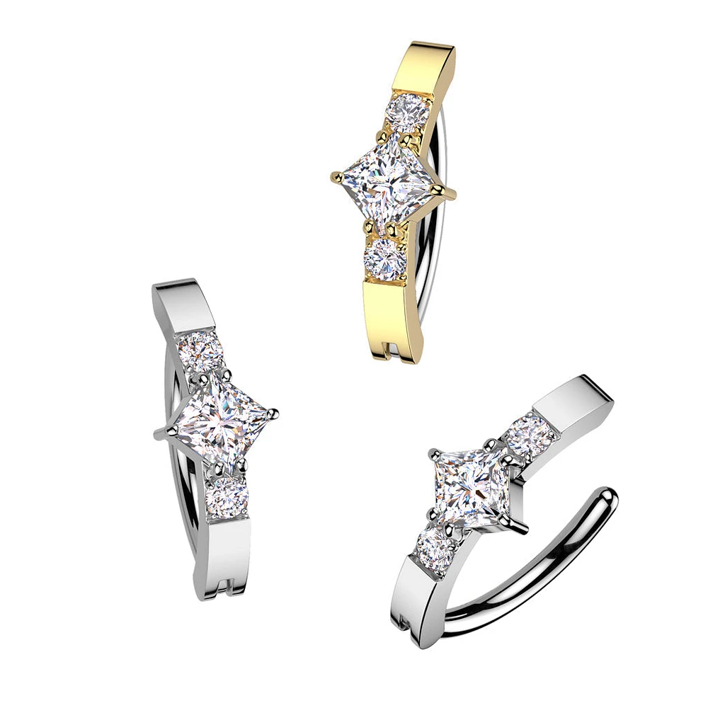 316L Surgical Steel White CZ Square Gem Hinged Clicker Belly Ring