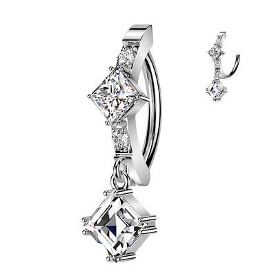 316L Surgical Steel White CZ Square Shaped Gem Dangle Hinged Clicker Belly Ring