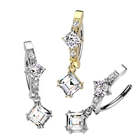 316L Surgical Steel Gold PVD White CZ Square Shaped Gem Dangle Hinged Clicker Belly Ring