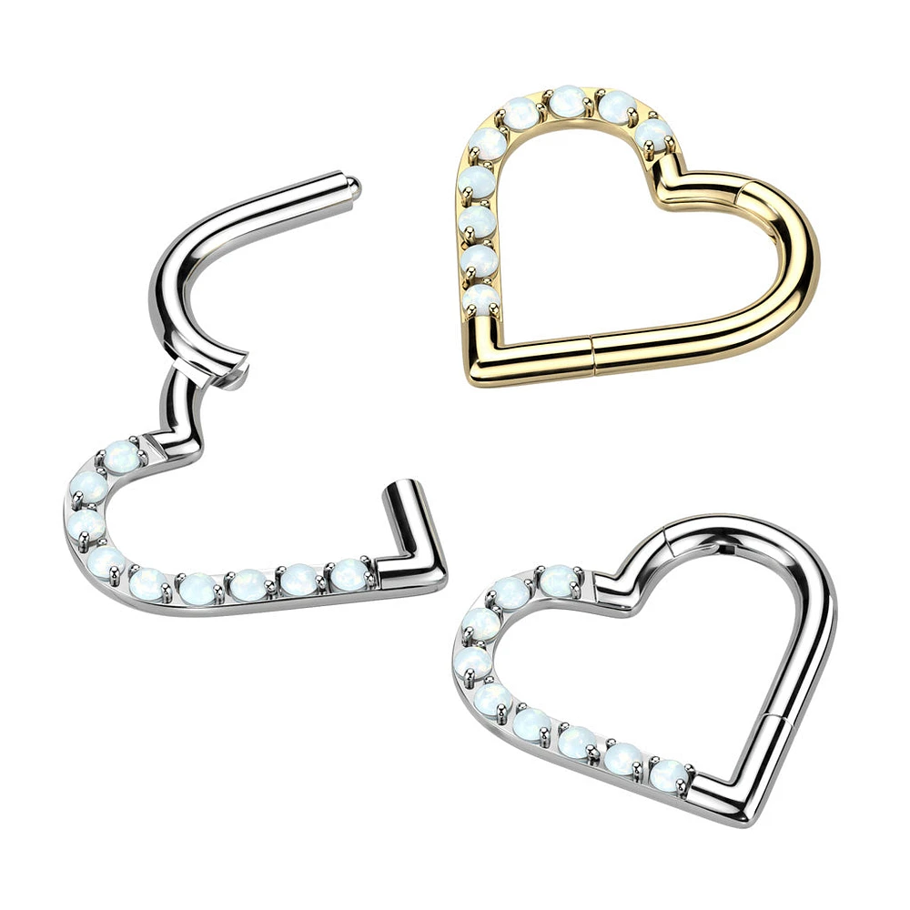 Implant Grade Titanium White Opal Heart Hinged Daith Clicker Hoop