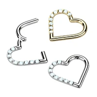 Implant Grade Titanium White Opal Heart Hinged Daith Clicker Hoop