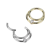 Implant Grade Titanium Double White CZ Gem Hinged Septum Daith Clicker Hoop