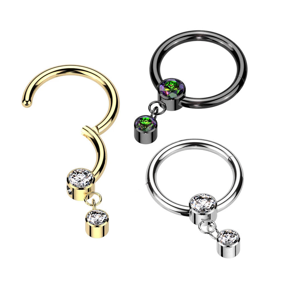 Implant Grade Titanium White CZ Bezel Dangle Hinged Clicker Hoop
