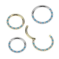 Implant Grade Titanium Aqua White CZ Pave Hinged Clicker Hoop