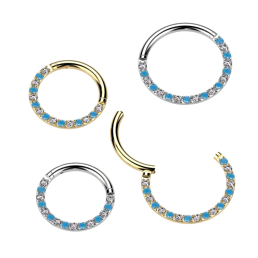 Implant Grade Titanium Gold PVD Aqua White CZ Pave Hinged Clicker Hoop