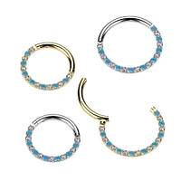 Implant Grade Titanium Gold PVD Aqua White CZ Pave Hinged Clicker Hoop