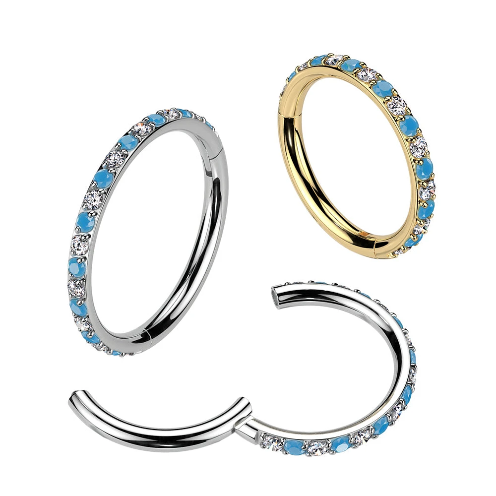 Implant Grade Titanium Aqua White CZ Pave Hinged Helix Clicker Hoop