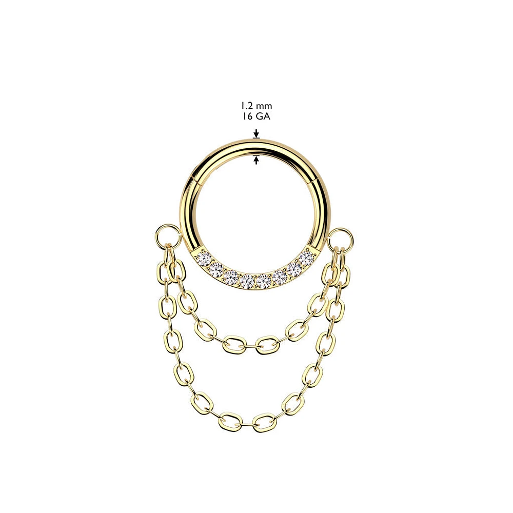 Implant Grade Titanium Gold PVD White CZ Chain Dangle Clicker Hoop