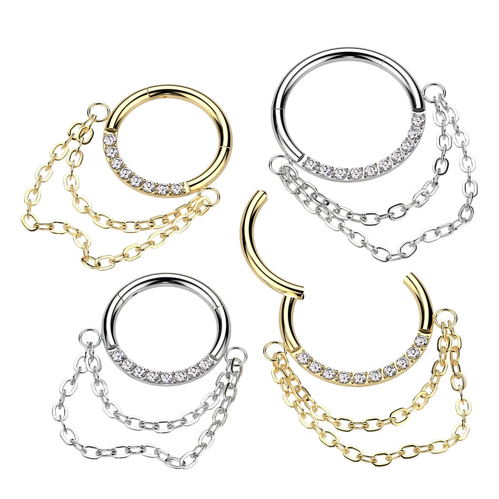 Implant Grade Titanium White CZ Chain Dangle Clicker Hoop