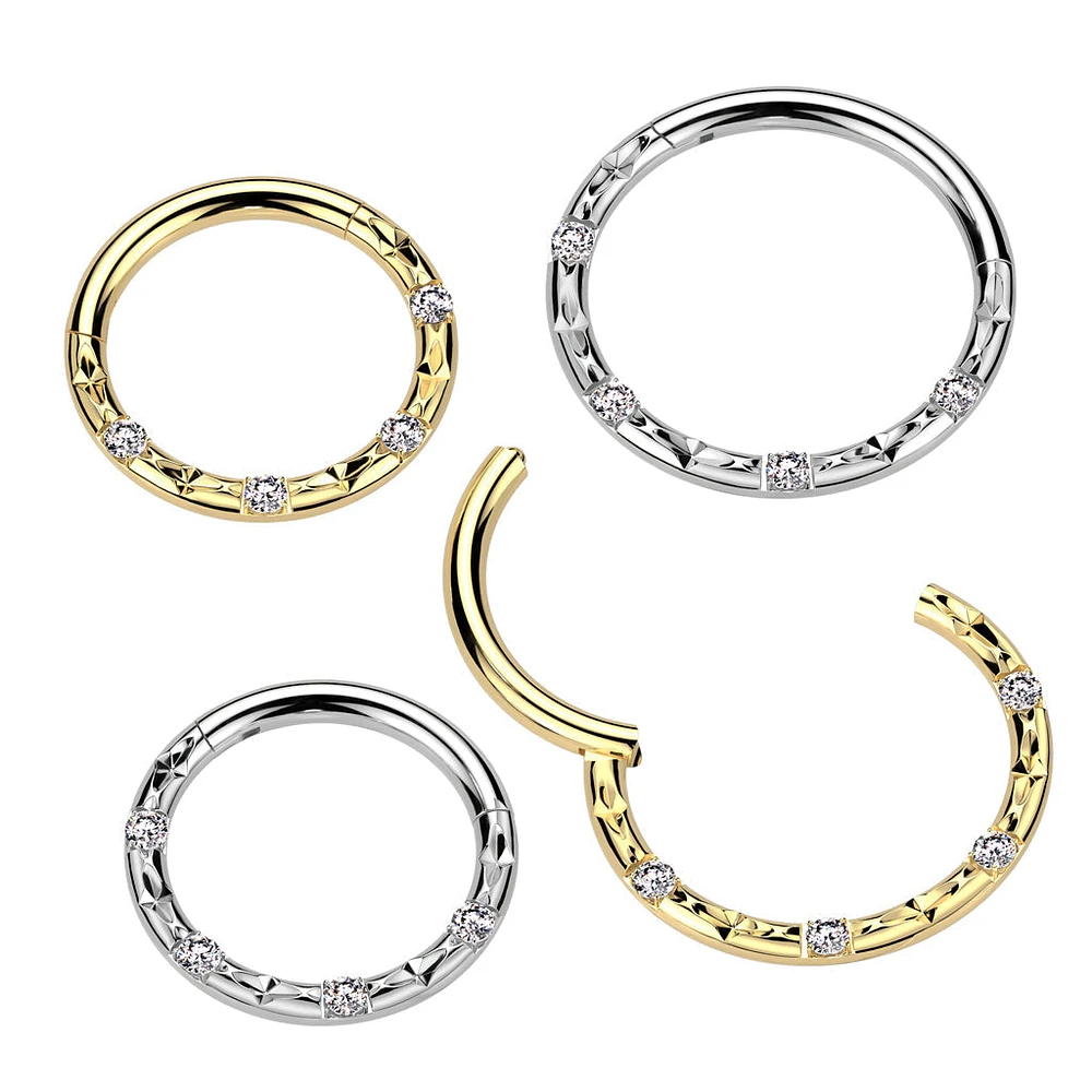 Implant Grade Titanium Gold PVD White CZ Studded Hinged Clicker Hoop