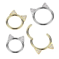 Implant Grade Titanium Gold PVD White CZ Cute Cat Ear Hinged Clicked Hoop
