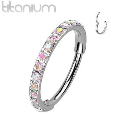 Implant Grade Titanium Pave Aurora Borealis CZ Nose Hoop Hinged Clicker Ring