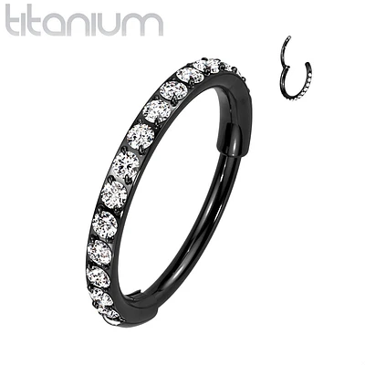 Implant Grade Titanium Black PVD Pave White CZ Nose Hoop Hinged Clicker Ring