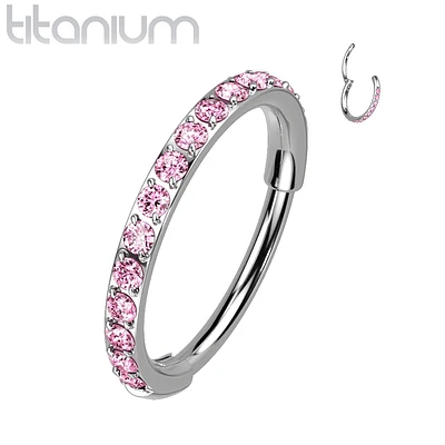 Implant Grade Titanium Pave Light Baby Pink CZ Nose Hoop Hinged Clicker Ring