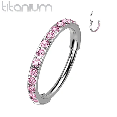 Implant Grade Titanium Pave Light Baby Pink CZ Nose Hoop Hinged Clicker Ring