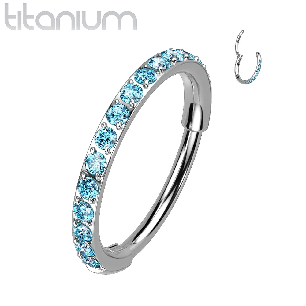 Implant Grade Titanium Pave Aqua CZ Nose Hoop Hinged Clicker Ring