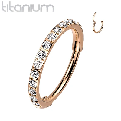 Implant Grade Titanium Rose Gold PVD Pave White CZ Nose Hoop Hinged Clicker Ring