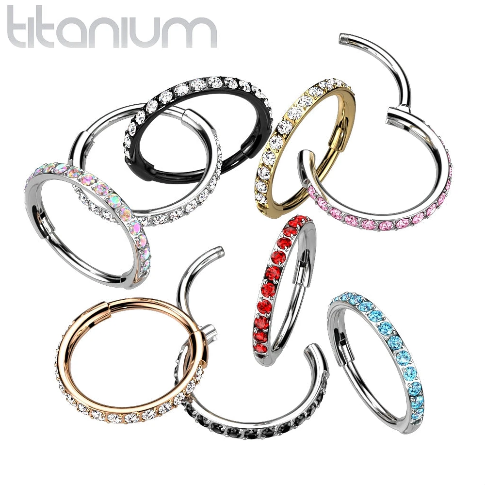 Implant Grade Titanium Rose Gold PVD Pave White CZ Nose Hoop Hinged Clicker Ring