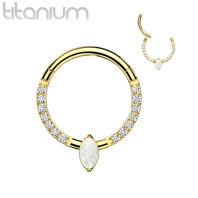 Implant Grade Titanium Gold PVD Pave CZ White Opal Marquise Gem Hinged Clicker Hoop