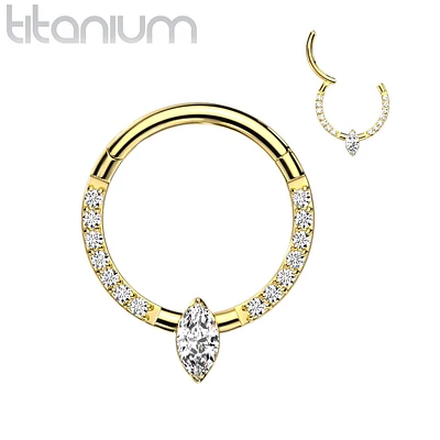 Implant Grade Titanium Gold PVD Pave White CZ Marquise Gem Hinged Clicker Hoop