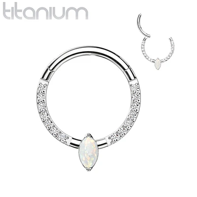 Implant Grade Titanium Pave CZ White Opal Marquise Gem Hinged Clicker Hoop