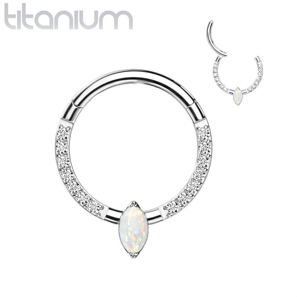 Implant Grade Titanium Pave CZ White Opal Marquise Gem Hinged Clicker Hoop