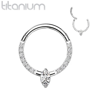 Implant Grade Titanium Pave White CZ Marquise Gem Hinged Clicker Hoop