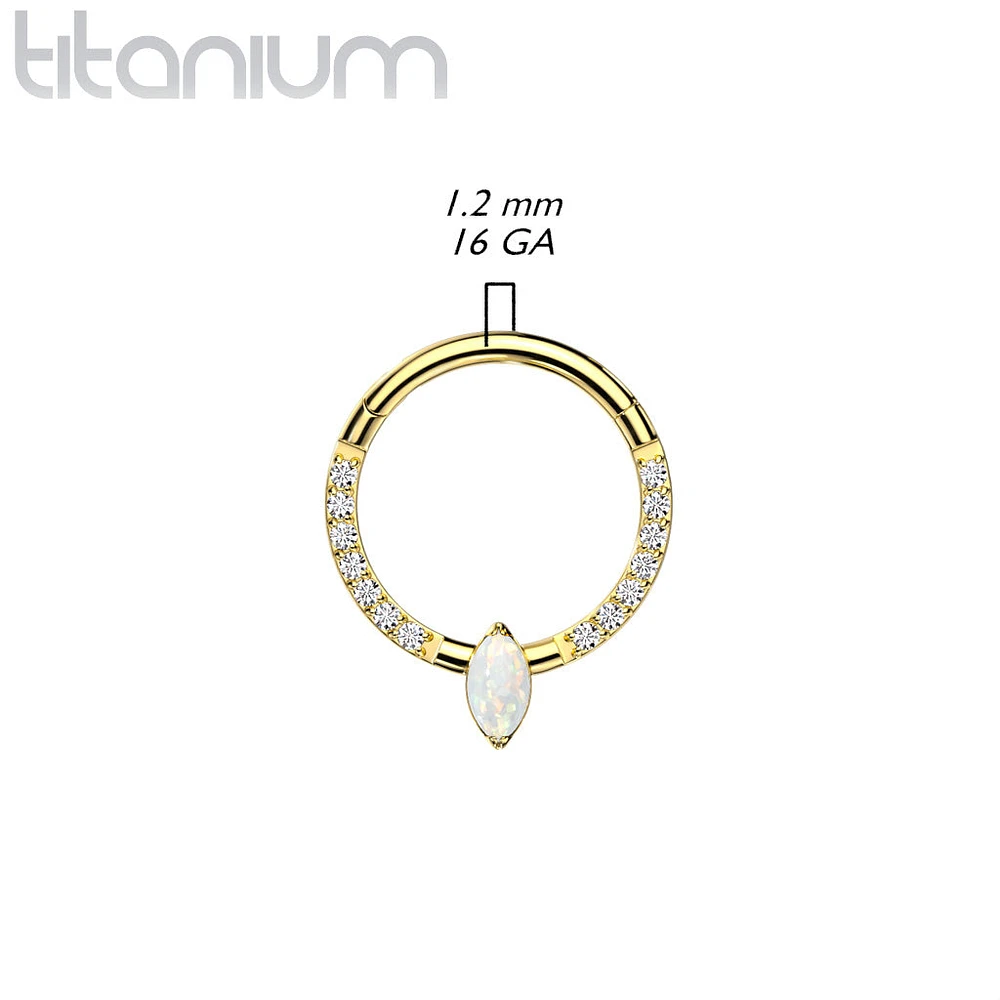 Implant Grade Titanium Gold PVD Pave White CZ Marquise Gem Hinged Clicker Hoop