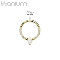 Implant Grade Titanium Gold PVD Pave CZ White Opal Marquise Gem Hinged Clicker Hoop