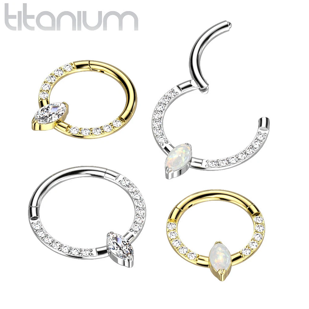 Implant Grade Titanium Pave White CZ Marquise Gem Hinged Clicker Hoop