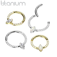 Implant Grade Titanium Pave White CZ Marquise Gem Hinged Clicker Hoop