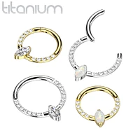 Implant Grade Titanium Gold PVD Pave CZ White Opal Marquise Gem Hinged Clicker Hoop