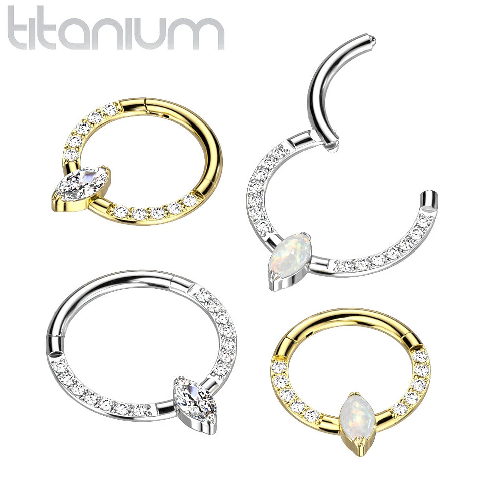 Implant Grade Titanium Gold PVD Pave White CZ Marquise Gem Hinged Clicker Hoop