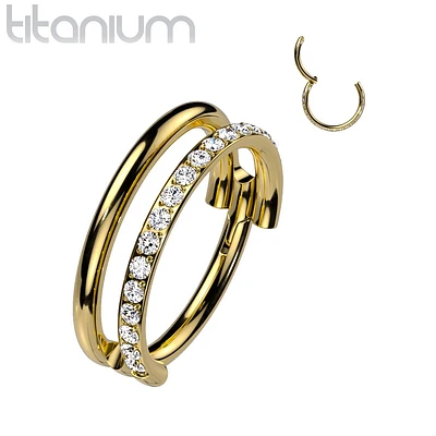 Implant Grade Titanium Gold PVD Double Hoop White CZ Pave Hinged Clicker