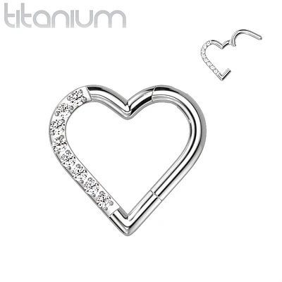 Implant Grade Titanium White CZ Heart Hinged Daith Clicker Hoop