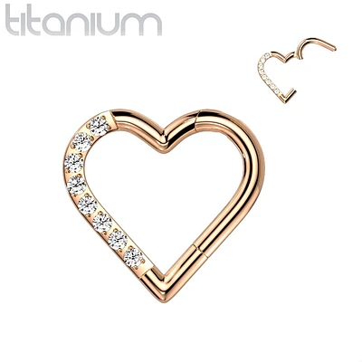 Implant Grade Titanium Rose Gold PVD White CZ Heart Hinged Daith Clicker Hoop